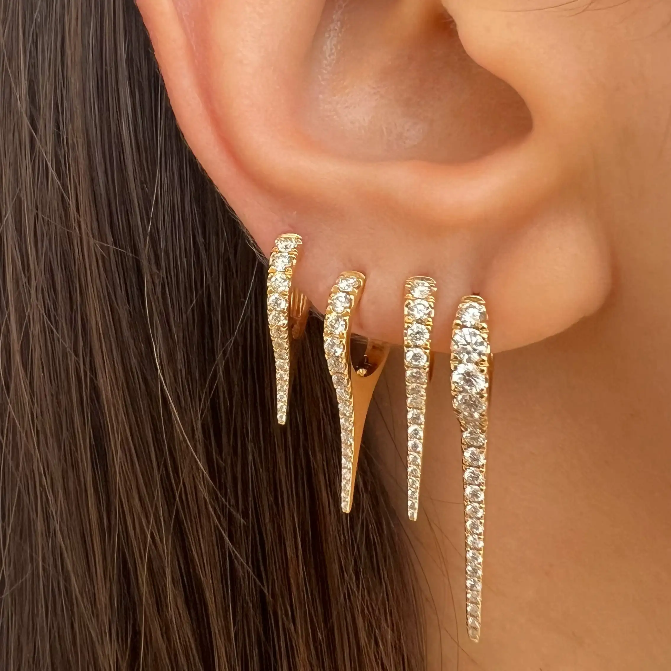 Real Gold Plated 925 Silver Jewellery Pave Zircon Spike Huggies Earrings For Women Jewelry