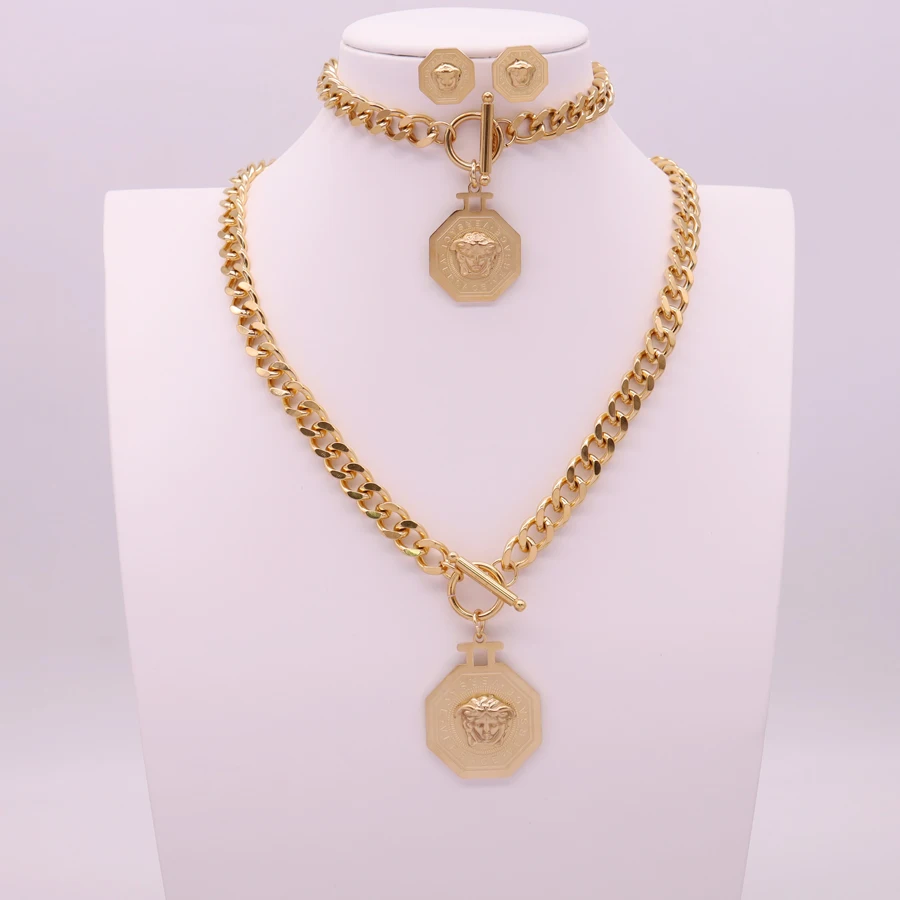 Stainless Steel 18K Gold Plated Charm Pendant Link Chain Necklace Bracelet and Earring Jewelry Set