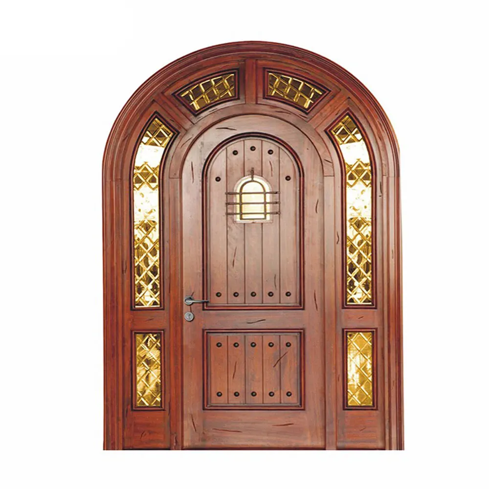Exterior China wooden arched doors with sight window mosaic glass lacquer construction building materialsfor church project