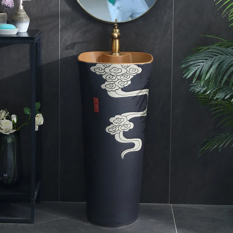 LJ24-085-099 Modern Ceramic Pedestal Sink Hotel Luxury Round Basin Sink by Kaolin Clay Pedestal Bathroom Sink Hand Basin