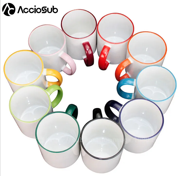 Wholesale 11OZ Colorful Rim And Round Handle Ceramic Mugs Custom White Sublimation Blanks Coffee Porcelain Tea Cup