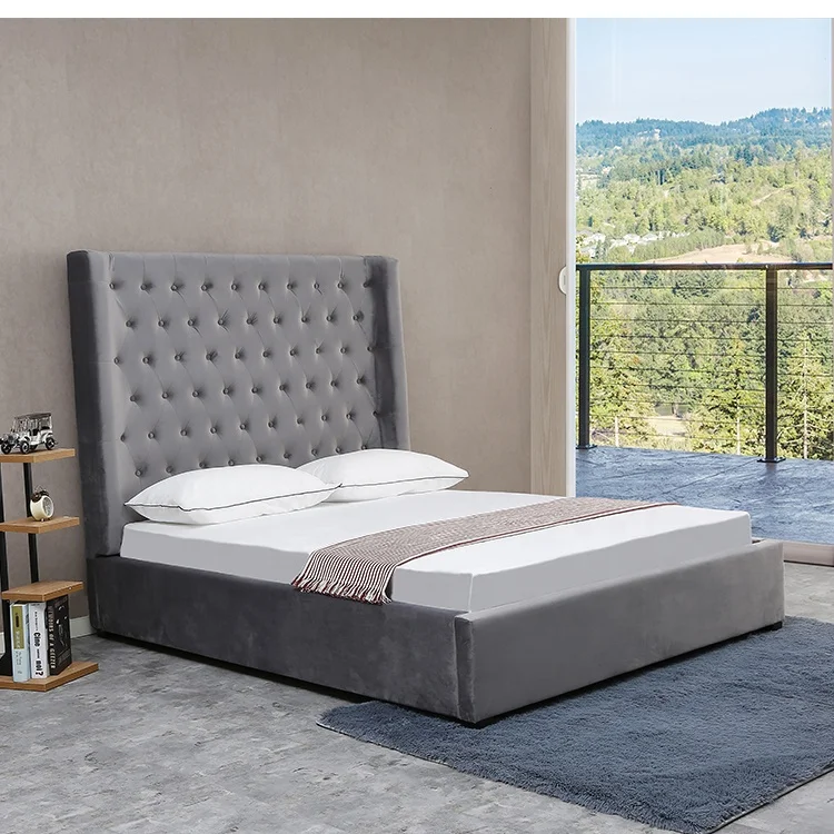 Willsoon Modern Simple Design Wing Back Double Bed Frame Platform Style Velvet Fabric Button Wood Leather Upholstery