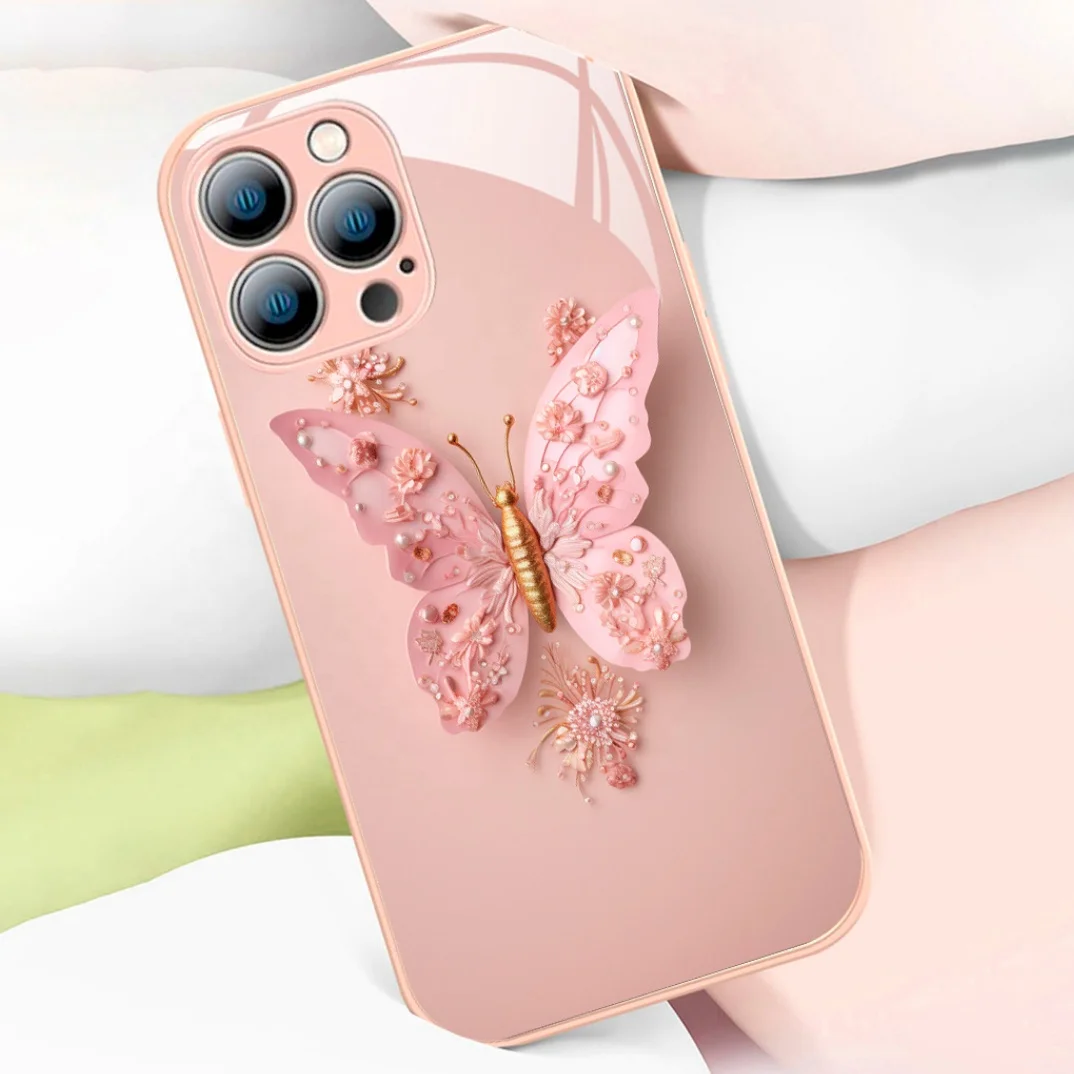 Luxury Flat Butterfly Pattern Phone Cover For Iphone 15 Pro 14 13 12 Pro Max 11 Shockproof Bumper Tempered Glass Case