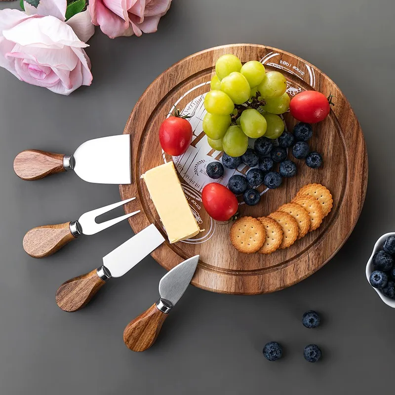 wholesale Premium charcuterie board set Acacia Wood Round Cheese Board Set With Drawer Cheese Knife Set