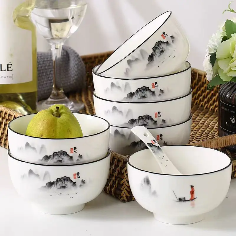 Wholesale Chinese Traditional Landscape Heat Resistant Light Luxury Vintage Microwave Creative Snack Glaze Soup Salad Rice Bowl