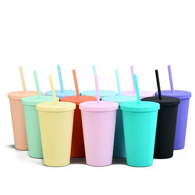 Reusable 16oz Double Wall Colored Acrylic Matte Black Plastic Bulk Cold Drinks Tumbler Cups with lid and straw