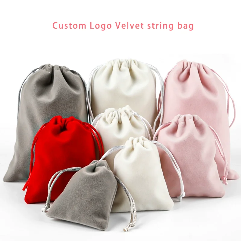 Custom Logo Printed Rose Gold Plush Velvet Drawstring Clothes Bag Luxury Storage Dust Pouch for Jewelry and Gift Packaging