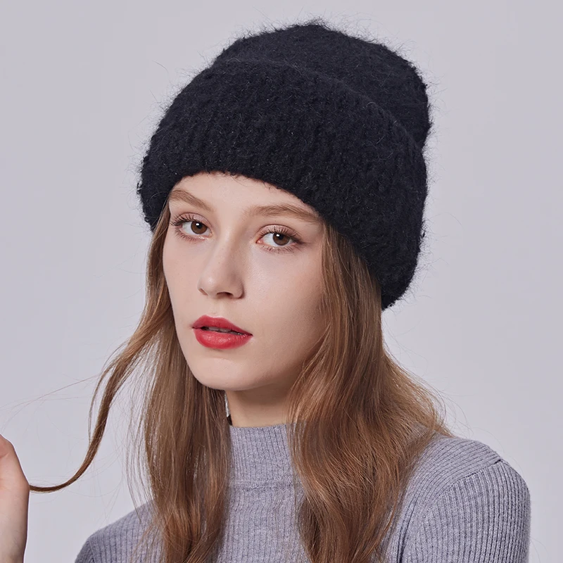 Winter Thick Knitted Angora Wool Beanie for Women Girls Colored Yarn Knit Warm Cuff Hats Custom Logo Fashion Ski Caps
