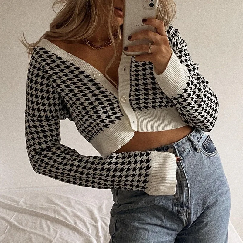 
Designers Plaid Long Sleeve Knitted Cardigan Sweater Womens T Shirts Tops Winter 