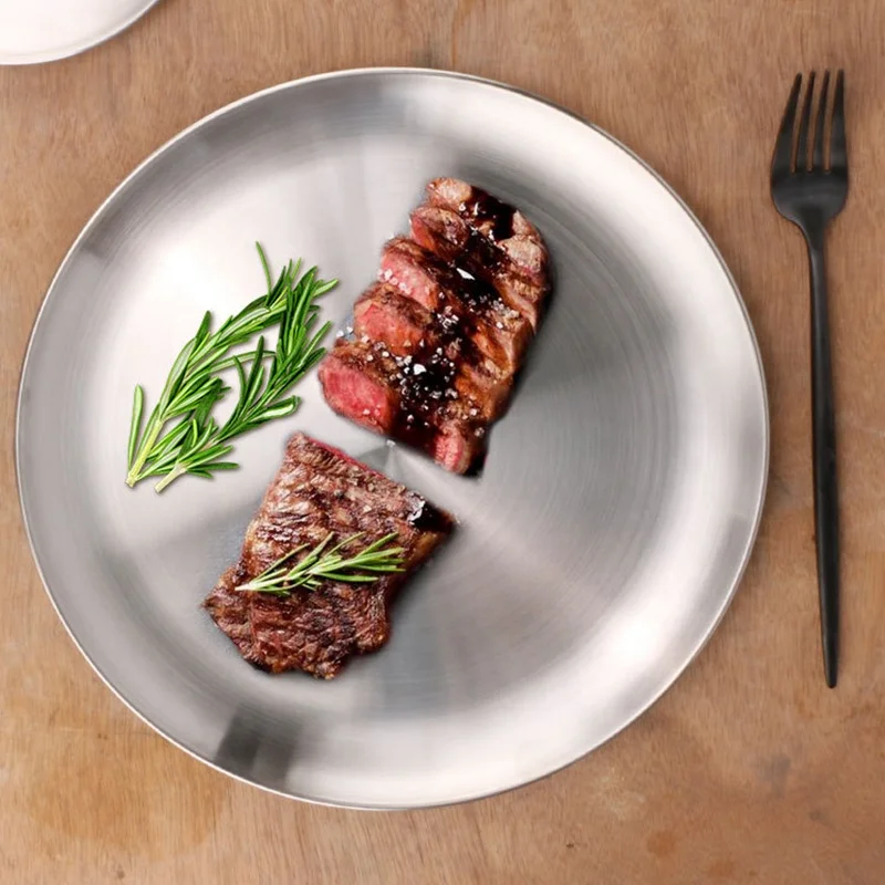 hot sell 304 stainless steel food grade plate with custom logo thick metal dinner buffet BBQ round dish tray