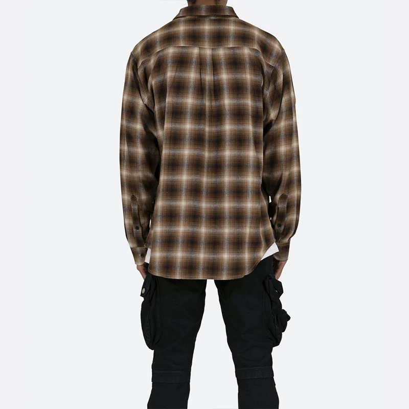 Mens Plaid Shirt Workwear OEM Service Oversized Winter Long Sleeve Pocket Rhinestones Streetwear Shirt Wholesale