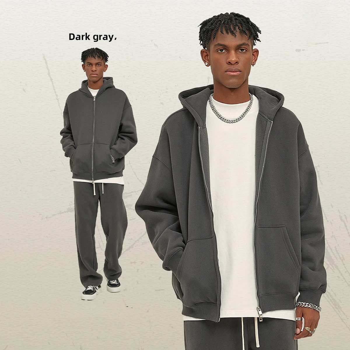 New product with fleece thickening 350g fashion zipper men custom logo heavyweight sweatshirt pants set