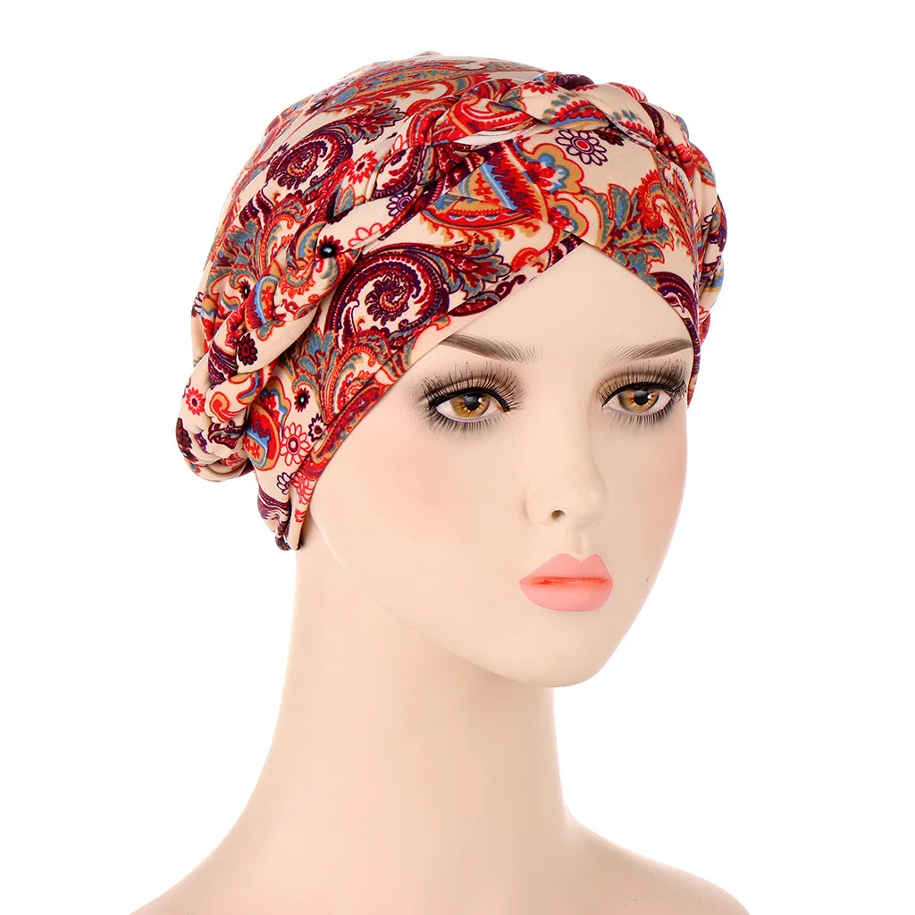 A new muslim braided hat with dyed frosted milk silk plait, short braid, hidden hair turban printed hijab
