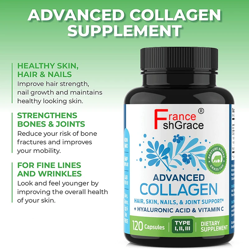 120 Capsules Tighten Skin Boost Hair Skin Nails Joint Health Collagen Peptides Supplement Pills with Hyaluronic Acid