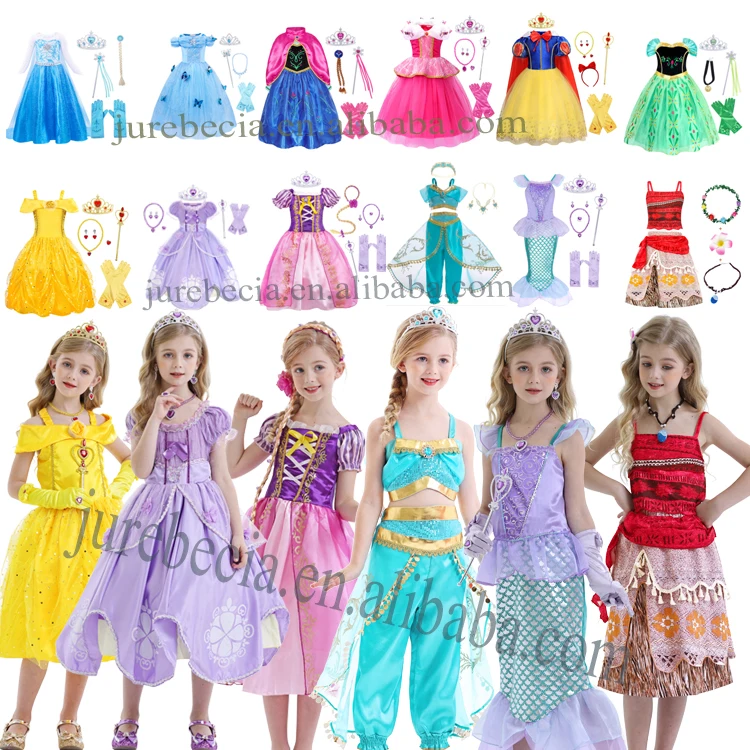 Best Selling Halloween Cosplay Girl Fancy Dress With Accessories Elsa Anna Rapunzel Belle Mermaid Princess TV &Movie Costumes