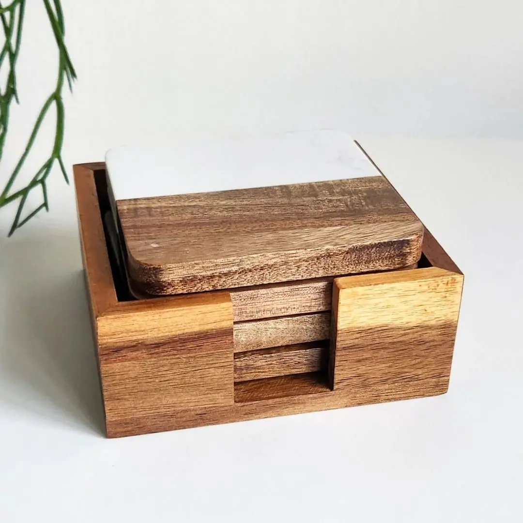 Natural Solid Polished Marble Acacia Wood Coasters with Matching Bamboo Holder For Restaurant