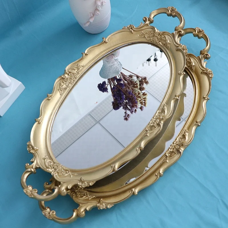 Vintage Golden Resin Makeup Tray Jewelry Trinket & Perfume Mirror Decorative Home Decor Wall Organizer New Chinese Style