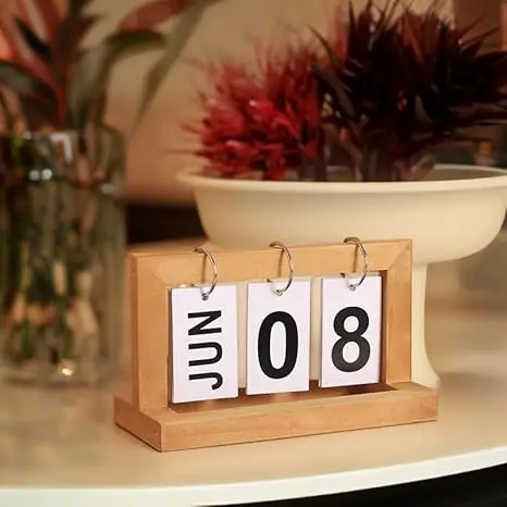 Premium Quality Wooden Perpetual Calendar Reusable Desktop Flip Calendar,Retro Decorated Office Desk Calendar,