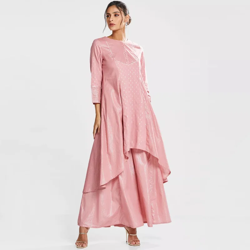 New fashion women s plus size casual elegant button Round loose high low tunic muslim  palazzo  trouser two piece suit