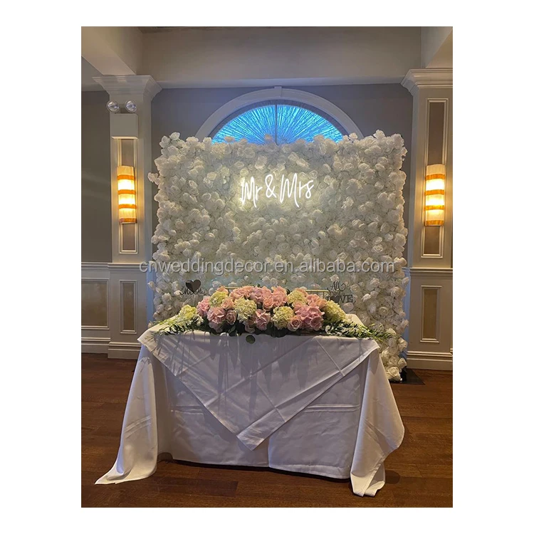 3D Roll Up Hydrangea Artificial Silk Backdrop Hanging Ivory Rose White Flower Wall For Wedding Decoration Party