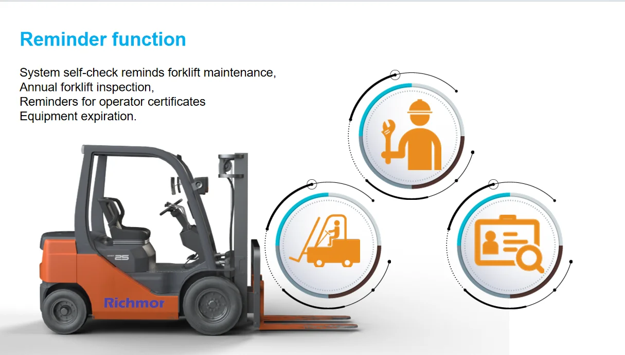Richmor smart AI forklift solution suppprot 4g wifi g-sensor mdvr DMS BSD is optional seat belt detection and speech control