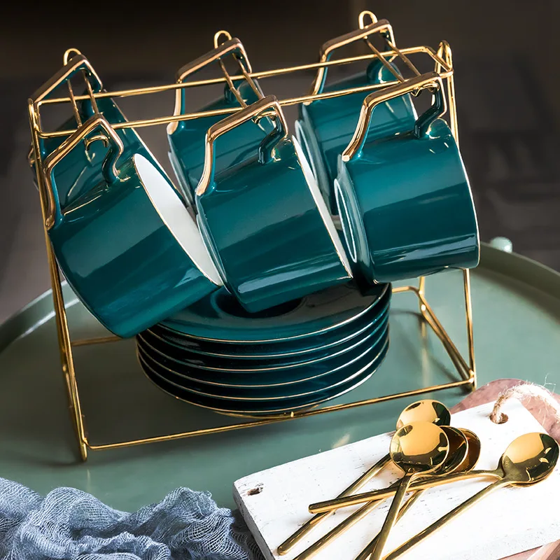 6Pcs Tea Cup Set Coffee Cup Gift Set Cup And Saucer Set 230Ml With Rack and Spoon