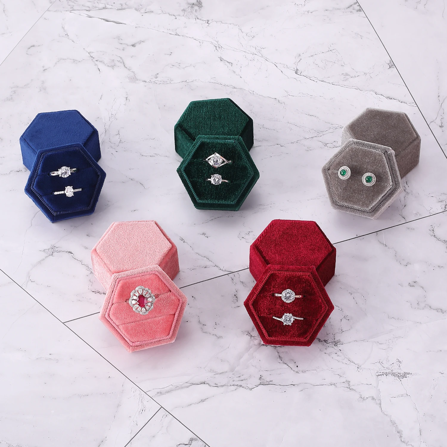 Zebo promotion price jewelry hexagon packaging storage small ring display box jewelry wedding ring velvet box