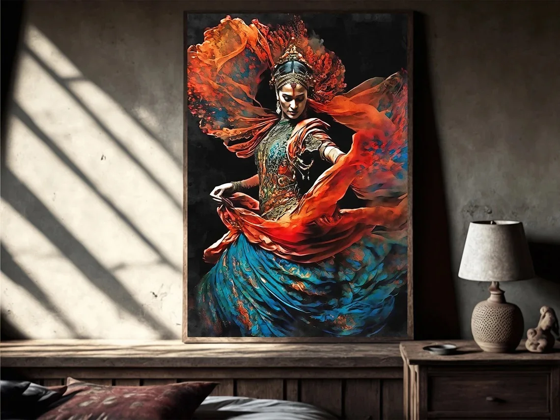 Indian Wall Art Beautiful Woman Folk Dance Painting Indian Royal Lady Art For Living Room Home Decoration