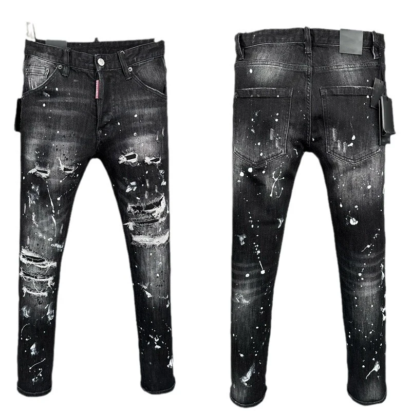 2024 Fashion Paint Splatter Distressed Jeans Trousers Street Wear Skinny Wash Denim Pants For Men