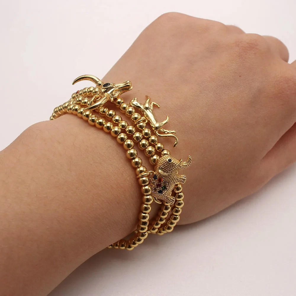 Cubic Zircon Leopard/Elephant/Bull/Lion Animal Charms Bracelet Brass Jewelry Round Beaded Bangle 18K Gold Plated Women Bracelet