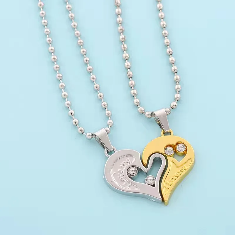 Hot Sale Couple Crystal Heart  Necklace 2pc Pair of Two Tone Heart Pendant Jewelry Necklace For Lovers