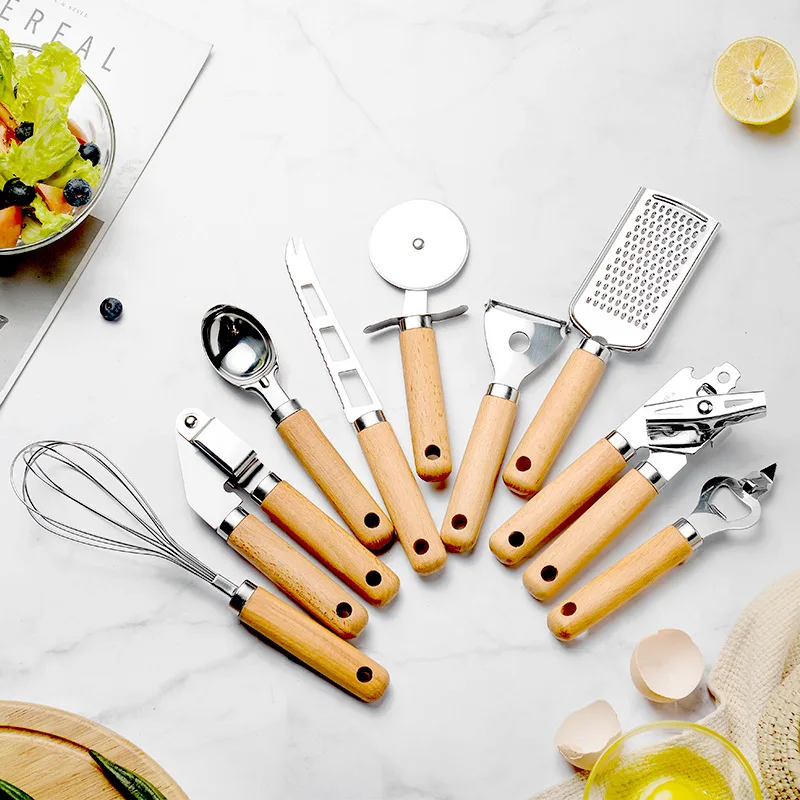 Heat-Resistant Stainless Steel Kitchen Utensil Kitchenware Set Tools Wooden Handles Spatula Set Cookware