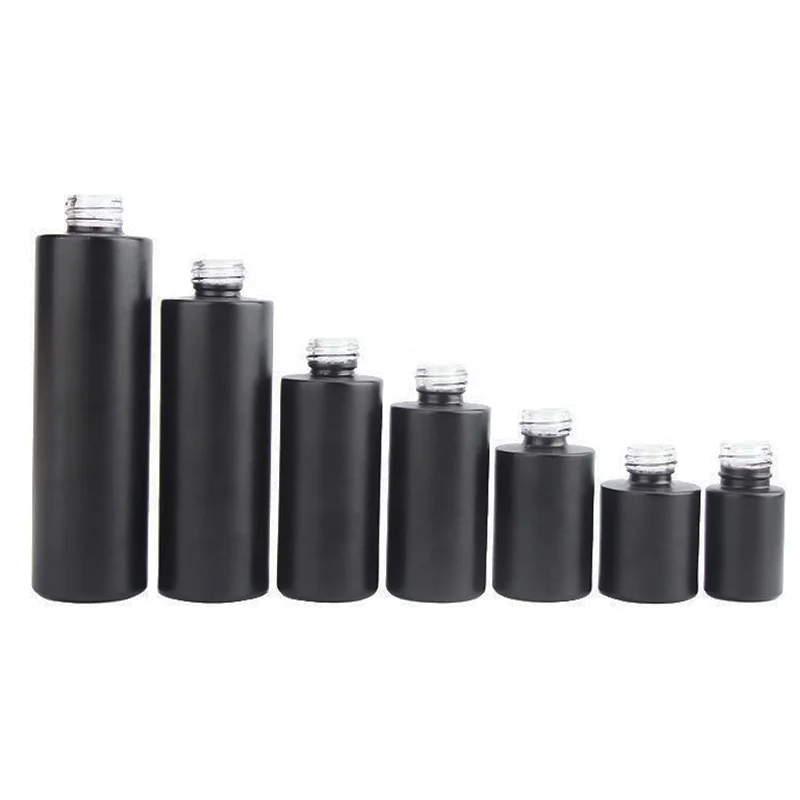Fancy empty cylinder round 30ml 50ml 60ml 100ml 120ml matte black glass cosmetic emulsion bottles packaging with pump (GLC09)