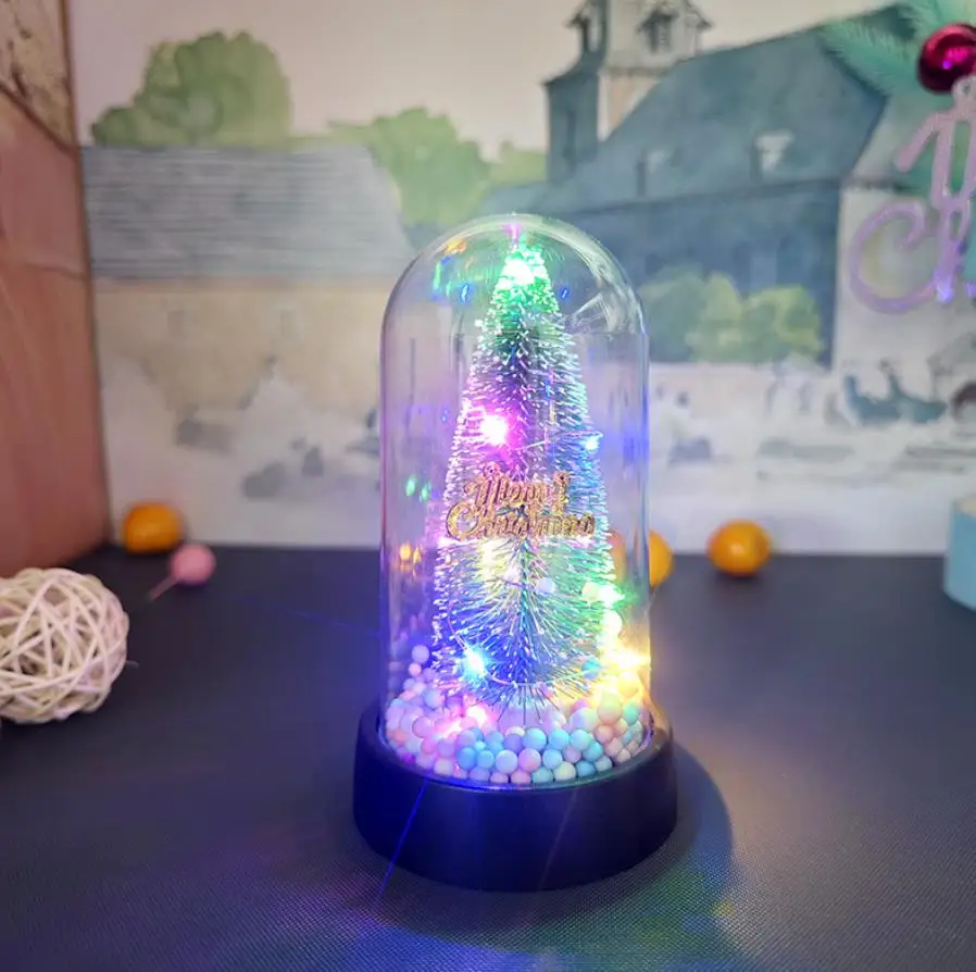 Light Up Artificial Mini Christmas Tree LED String Pine Sisal Trees with Wooden Base in Clear Case Home Xmas Holiday Party Decor