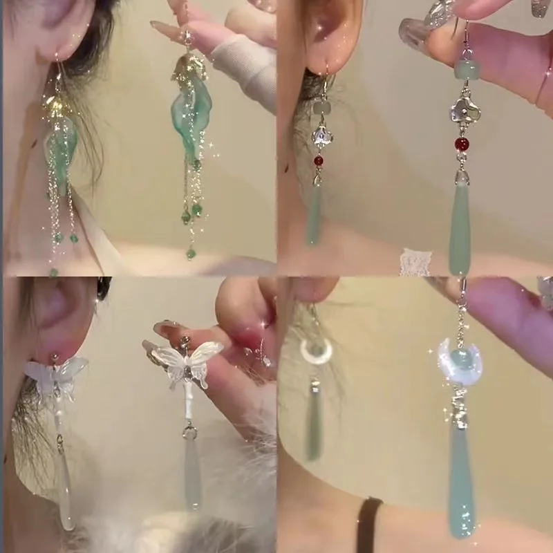 New Chinese Style Jade Long Fringe Earrings Temperament Guochao Ear Hook Eardrops Water-Drop Antique Traditional Han Clothing Ac