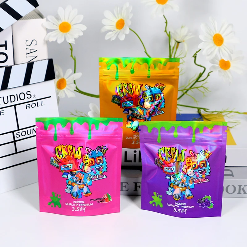 Custom Mylar Bags 3.5G 7 14g Stand Pouches with Die Cut Heat Seal Resealable Stand Printed PE Plastic Ziplock for Food Packaging