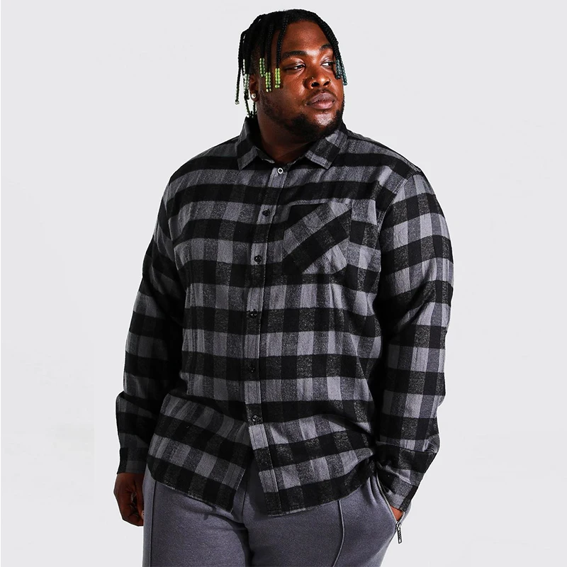 Autumn Casual Dark Color Plaid Pattern Flannel Nice Trending Full Sleeve Polyester Spandex Check Shirts For Men Street Wear