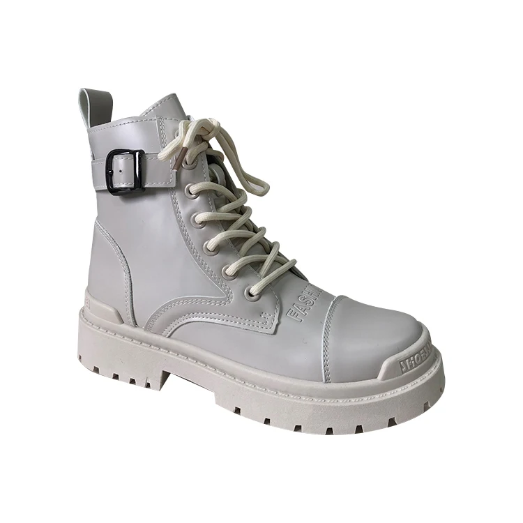 White Lace  Ankle Buckle Pu Flat Winter Women Snow Lady Fashion Casual Combat Boots