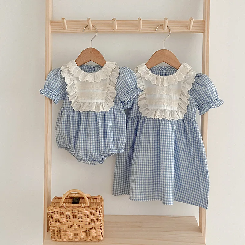 New Summer Baby Plaid Lace Girls Dress Sister Dress Baby Romper