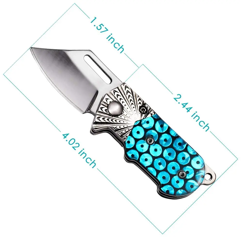  Folding Knife Small Pocket camping knife with Chrome and Blue Acrylic Handle for Camping Hunting