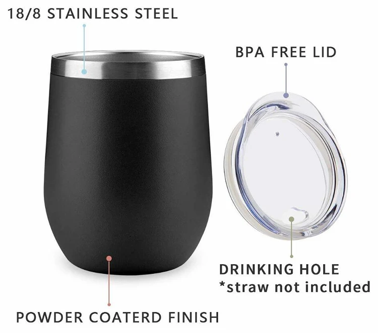 Amazon top seller 12oz stainless steel custom logo wine tumbler insulated egg shape mugs wine glass with lids