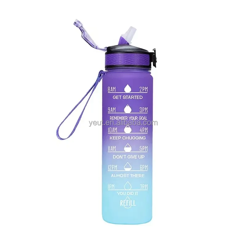 2024 Gym And Outdoor Camping Time Marker 1000ml Gallon Sports Motivational Water Bottle Frosted Plastic Water Bottle BPA Free