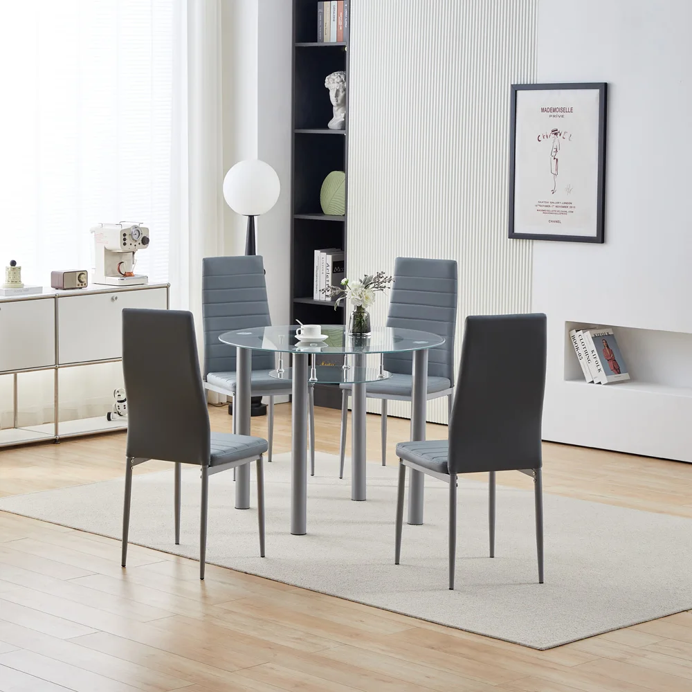 Round Glass Grey Kitchen Dining Table With Storage Shelf And 4 Grey Metal Chairs
