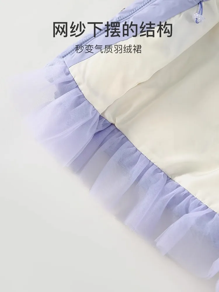 Fashion big fur collar medium long children white duck down padded kids girl jacket white puffer jacket embroidery