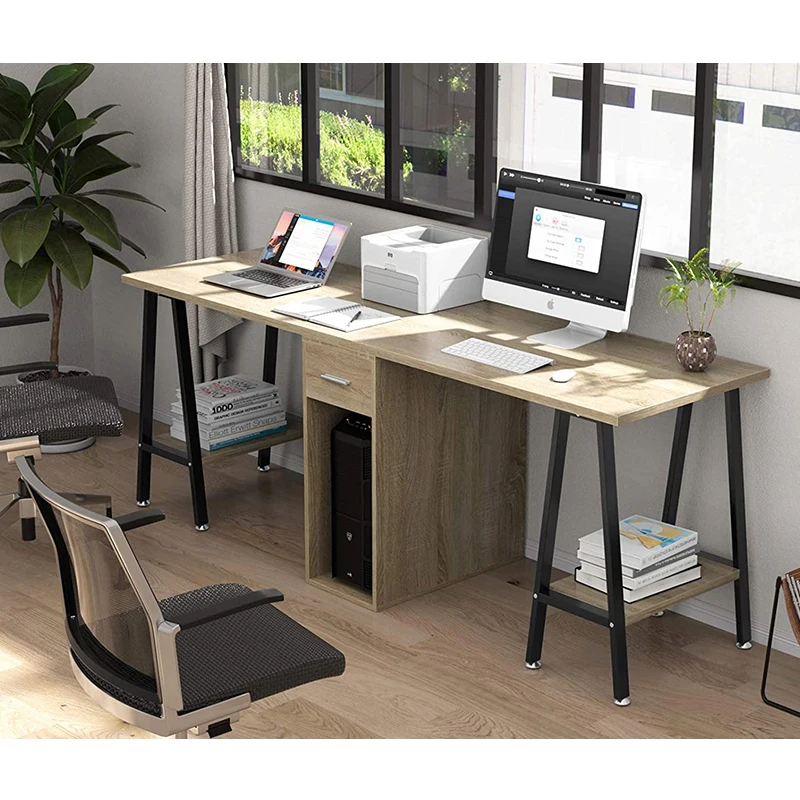 Новый дизайн L-образная металлическая рама 2 человека деревянный письменный стол с полкой для хранения