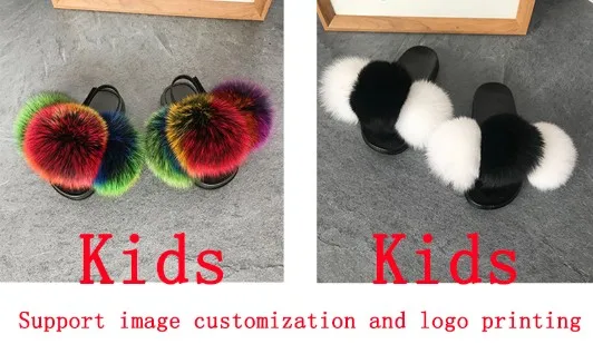 
Wholesale customized colorful cute pom pom balls fox fur slides fluffy multi-color fruffy fur slippers 