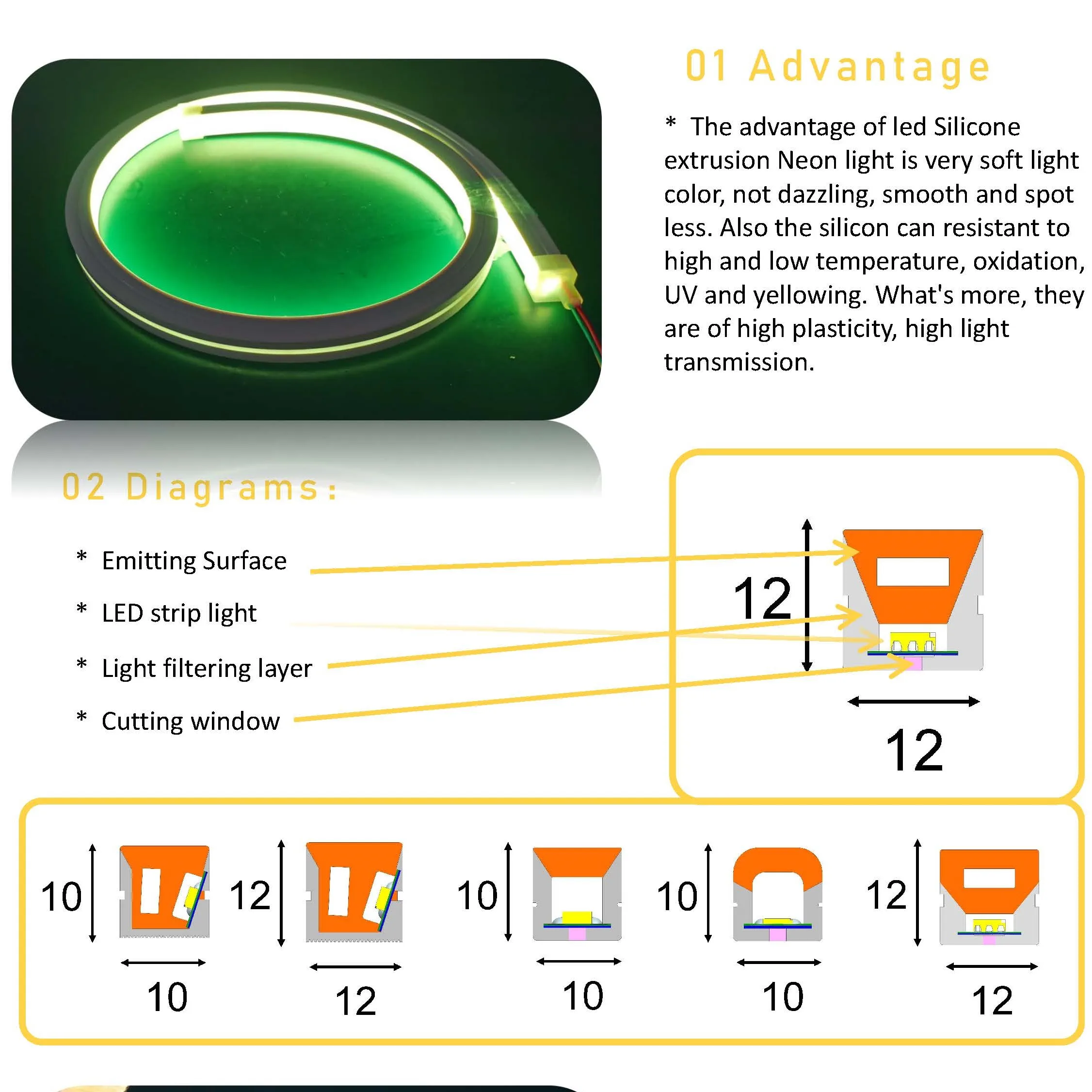 Factory 12v 24v 10*10mm top emitting IP67 waterproof silicone led neon strip rope light