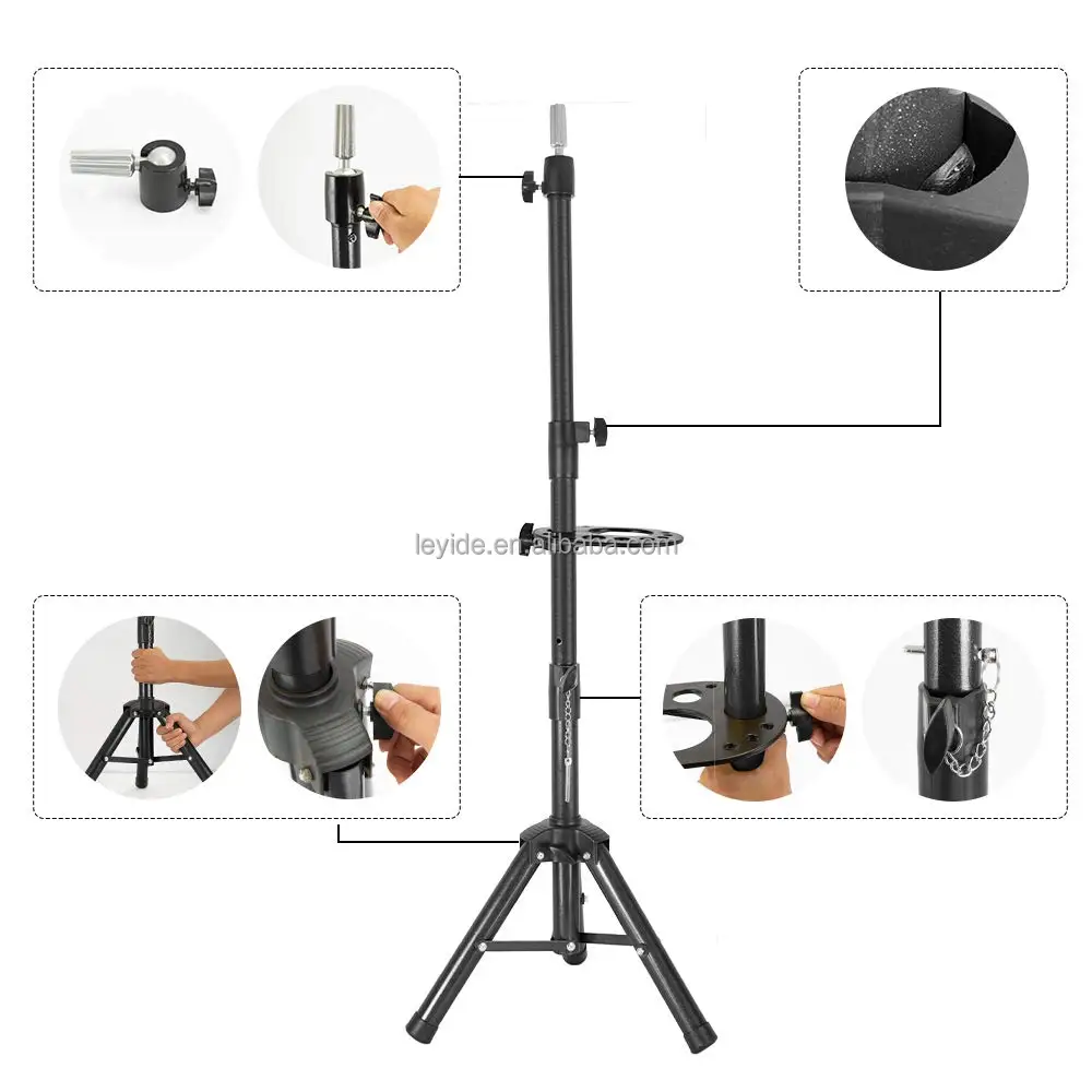 AliLeader New Black Metal Adjustable Wig Stand Mannequin Head Tripod For Wig Making Display With Multifunctional Tray