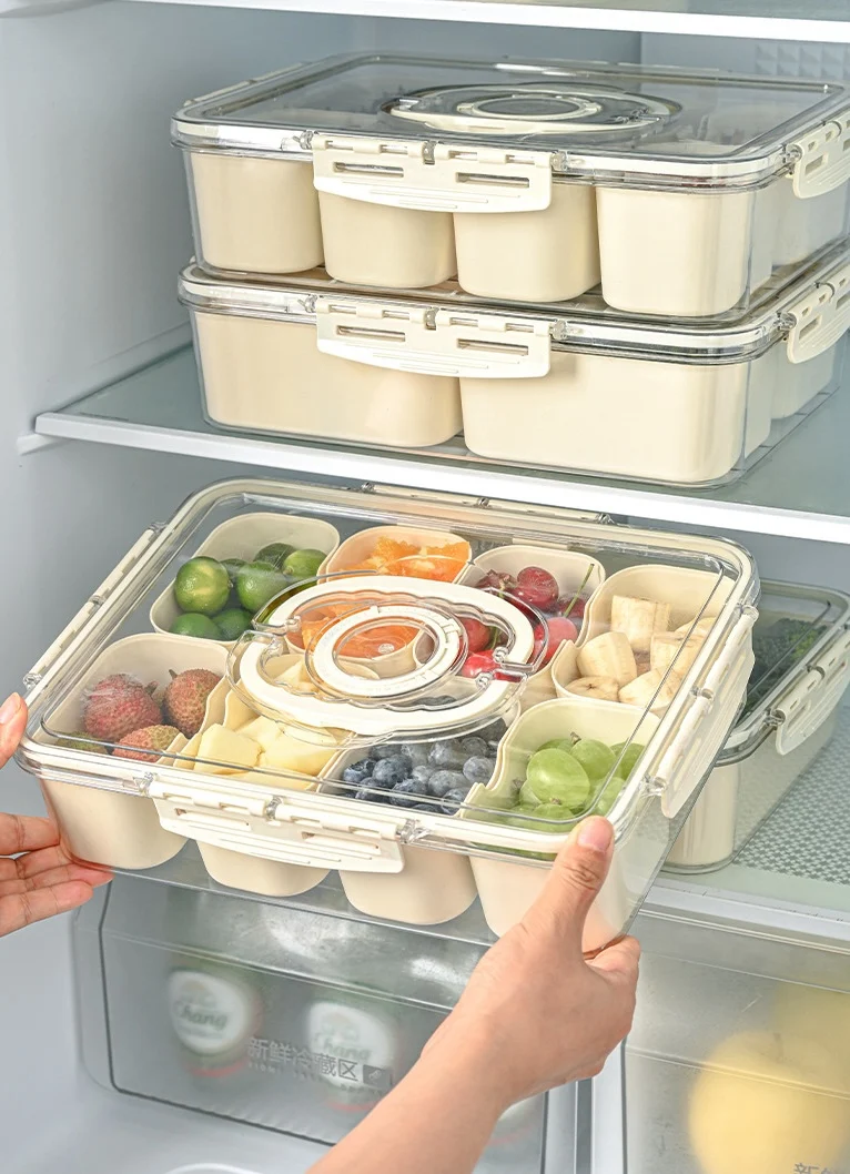 BOCHENG Kitchen Sealed Portable Plastic Spice Container Snack Storage Clear Divided Serving Veggie Tray Box With Lid And Handle