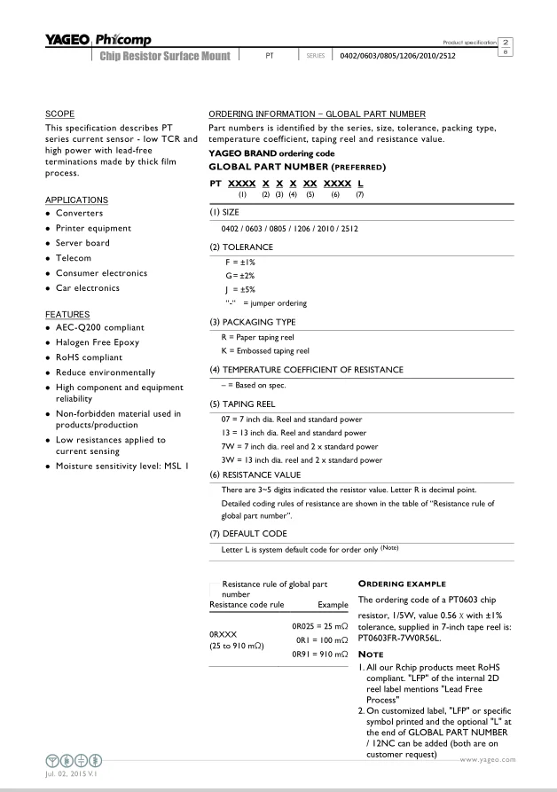 Thick Film 0603 1% 0.068R 1/3W High POWER Chip Resistor  PT Series SMD  low tcr 300ppm PT0603FR-7T0R068L